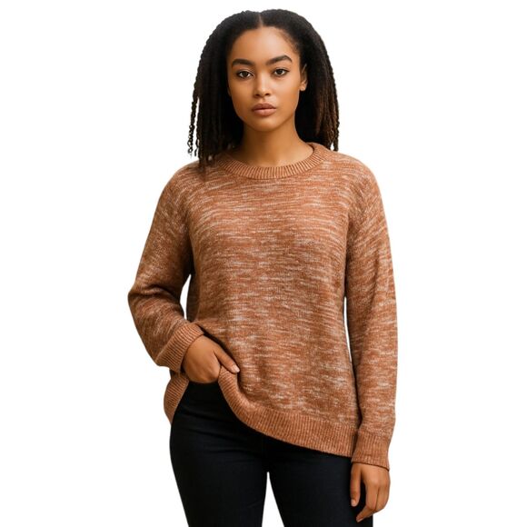 A New Day Large Sweater Cotton Blend Orange Tan White Side Slits Ribbed Neck Hem - Picture 1 of 14